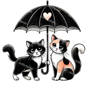 Adorable Cats Couple Under Umbrella PNG Clipart, Transparent Illustration for DIY Craft,Scrapbooking,Invitation,Digital Clip Art,DTG T-Shirt