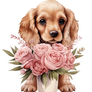 Aquarela Cocker Spaniel Filhote de cachorro e buquê de flores-transparente 4 PNG clipart para impressão camiseta, caneca, tumbler sublimação clip art, comercial