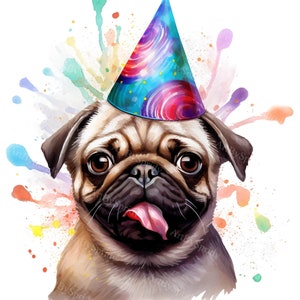 Party Pug Digital Clipart Set 4 Pack| Cute Dog Birthday Celebration PNG | Printable Sublimation Graphics |Pet Illustration DIY Craft Designs