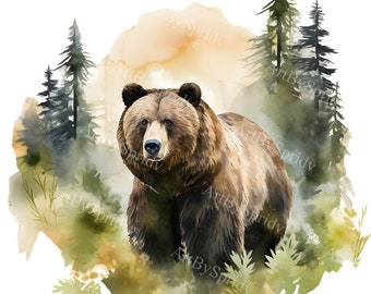 Watercolor Bear Forest Clipart PNG-Grizzly Bear Art with Pine Trees|Wildlife Illustration for Crafting, Scrapbooking, Wall Art, Invitations