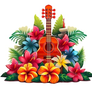 Hawaiian Luau Guitar with Tropical Flowers PNG, Transparent Clipart for Summer DIY Crafts,Beach Party Invitations,Tropical Decor,DTG T-Shirt