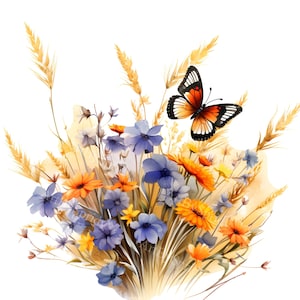 Mariposa revoloteando entre flores silvestres rústicas PNG Clipart, diseño floral natural para álbumes de recortes, tarjetas, invitaciones, sublimación y manualidades de bricolaje
