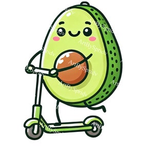 Adorable Avocado Riding a Scooter PNG Clipart-Fun, Healthy, Digital Illustration for Kids DIY Craft Projects, Stickers, Invitations,T-Shirts