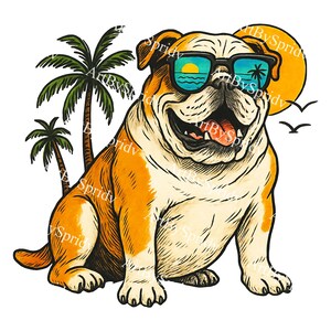Cool Bulldog Beach Summer PNG | Vintage Retro Dog with Sunglasses | Tropical Palm Dog Clipart | Funny Bulldog Printable Sublimation Art