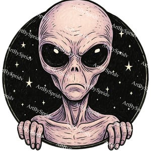 不気味なエイリアンPNGクリップアート、宇宙の恐ろしい地球外アート、ステッカー、Tシャツ、昇華転写用の透明なUFOエイリアンヘッドイラスト