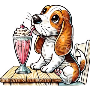 Beagle-pup geniet van een milkshake PNG-clipart, schattige hond die cocktail drinkt, hondenillustraties voor dierenliefhebbers en kinderen, kaarten, doe-het-zelf, sublimatie