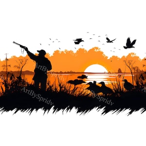 Sunset Duck Hunting Silhouette PNG Clipart, Waterfowl Hunter with Mallards, Outdoor Wildlife Hunting Scene for T-Shirt Sublimation,DIY Craft