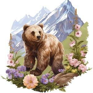 Bear Exploring Alpine Flowers Clipart Set|4 PNG Files|Nature Wildlife Digital Art | Woodland Animal Illustrations | Mountain Scenery Clipart