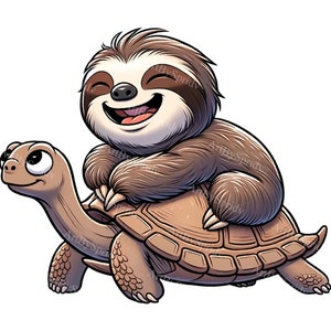 May include: A cartoon illustration of a brown sloth riding on the back of a brown turtle. The sloth is smiling and has its arms wrapped around the turtle's shell. The turtle is also smiling and has its head turned to the side.