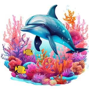 Aquarell Delphin Schwimmen mit lebendigen Korallenriff-Transparent 4 PNG Clipart-Printable T-Shirt, Becher, Tumbler Sublimation Clip Art, Kommerziell