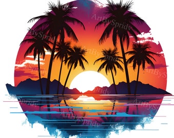 Abstrakte Sonnenuntergang Palmen Strand Transparentes PNG-Clipart Sublimation-Tropisches Clipart Druck, Sommerdekor Illustration,Kommerziell