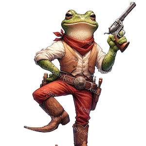 Watercolor Cowboy Frog Clipart - Western Anuran With Revolver Gun PNG-Digital Clip Art for DTG,T-Shirt,Mug,Tumbler Sublimation&Scrapbooking