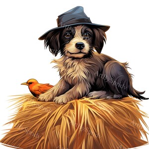 Dog in Cowboy Hat Sitting on Haystack with Bird PNG Clipart, Rustic Farmhouse Decor, Digital Pet Illustration, Wild West Art for T-Shirt,DIY