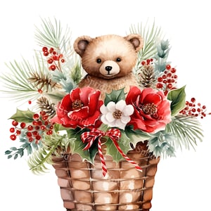 Kerstbeer aquarel clipart - vakantieteddybeer met bloemen en dennenmand - digitale download voor kerstdecor, kaarten, doe-het-zelf