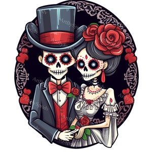 Le jour des morts mariage couple PNG Clipart – Illustration de la mariée et du marié crâne en sucre pour créations artisanales, cartes, affiches, t-shirt DTG, conceptions de tasses