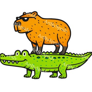May include: A cartoon illustration of a capybara wearing sunglasses standing on top of a green alligator. The capybara is orange with brown feet and the alligator is green with a smiling face.