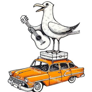 Zabawna mewa z gitarą na pomarańczowym zabytkowym samochodzie przezroczysty PNG, retro plażowy clipart podróżniczy, dziwaczna letnia sztuka na sublimację koszulek i rzemiosło