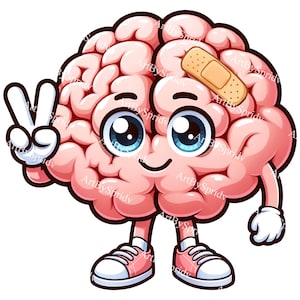 Può includere: Illustrazione di un cervello dei cartoni animati con un cerotto, occhi blu e un segno di pace. Il cervello è rosa con guanti bianchi e scarpe da ginnastica rosa. L'immagine ha uno sfondo bianco.