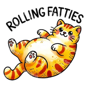 Gracioso gato regordete 'Rolling Fatties' PNG Clipart, lindo dibujo animado de gato atigrado naranja, clip art transparente para calcomanías y manualidades, camiseta DTG, taza