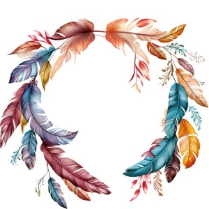 May include: A circular arrangement of colorful feathers in shades of burgundy, teal, gold, and blue, with sprigs of leaves and berries. The feathers are arranged in a semi-circle against a white background, creating a decorative wreath.