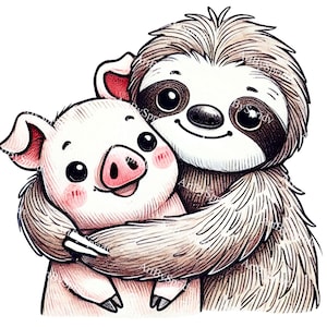 Sloth Hugging Pig Clipart, Transparent PNG Animal Illustration for DIY Crafts, Scrapbooking, Invitations, Digital Clip Art for DTG T-Shirt