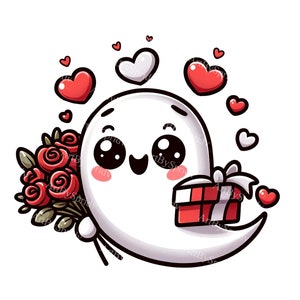 Clipart di fantasmi dei cartoni animati con cuori, rose rosse e scatola regalo - PNG digitale per DTG, maglietta, tazza, bicchiere, scrapbooking - Clip art a tema amore