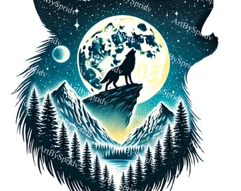 Howling Wolf & Moon Clipart | Majestic Night Sky Silhouette PNG | Forest and Mountain Scene Digital Clip Art for DIY Craft Projects, DTG Tee