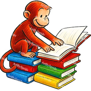 May include: A brown monkey sits on a stack of colorful books, reading a large open book with a white page. The monkey is pointing at the book with its right hand.