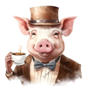 Clipart de porco elegante PNG, porco elegante em smoking com gravata borboleta e caneca de café, clip art para sublimação de camiseta, convites, decoração, projeto de artesanato DIY