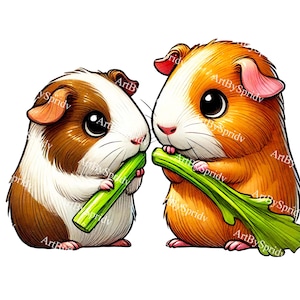 Lindos conejillos de indias comiendo apio (PNG), adorable mascota roedor, divertida camiseta de conejillos de indias (sublimación), diseño de impresión digital de animales kawaii