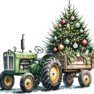 May include: A green vintage tractor pulling a wooden wagon filled with a decorated Christmas tree. The tree is adorned with colourful ornaments, candy canes, and lights.