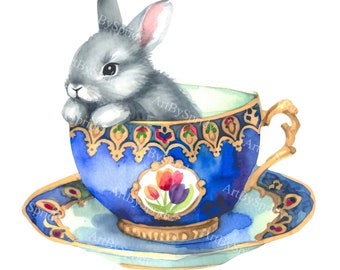 Adorable Bunny in Ornate Teacup Clipart - Watercolor Rabbit Digital PNG for Printable Sublimation DIY Crafts,Perfect for Invitations & Print