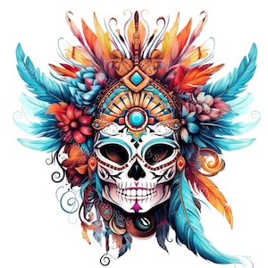 Day of the Dead Sugar Skull PNG Clipart with Feathers & Flowers,Dia de los Muertos Calavera Clip Art,Mexican Folk for Scrapbooking,DIY Craft