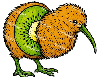 キウイフルーツの体を持つ面白いキウイ鳥PNG、ステッカー、Tシャツ昇華、デジタルアート、風変わりな動物の食べ物のマッシュアップデザイン用の透明なクリップアート