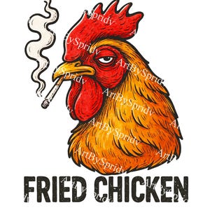 Peut inclure: Illustration graphique d'une tête de coq avec une cigarette dans le bec, exhalant de la fumée. Le coq est représenté en rouge, orange et jaune, avec le texte "FRIED CHICKEN" dans une police vieillie en dessous.