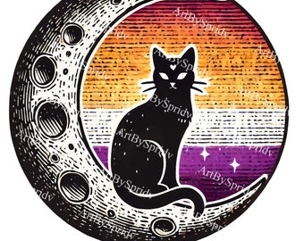 Black Cat Sitting on Crescent Moon PNG Clipart, Celestial Boho Wiccan Digital Design, Halloween Witchy T-Shirt, Mug Sublimation, DIY Crafts