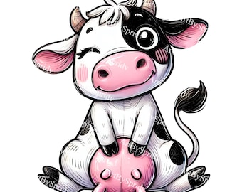 May include: A cartoon illustration of a smiling cow with black and white spots, pink ears, and a pink udder. The cow is winking and has small horns. The image is a digital drawing with a white background.