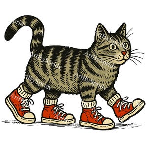 Cool Cat Walking in Sneakers PNG, Funny Tabby Cat Clipart with Red Shoes, Retro Style Kitty Illustration, Cat Wearing Shoes Sublimation Art