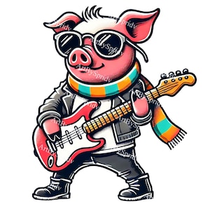Cerdo rockero genial, clipart PNG transparente / Cerdo de dibujos animados con guitarra con gafas de sol y bufanda, clip art digital divertido para manualidades de bricolaje, sublimación
