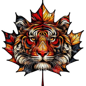 Cara de tigre en hoja de arce, clipart PNG, clip art de animales llamativos con una ilustración única inspirada en la naturaleza otoñal para calcomanías, decoración, camisetas, tazas
