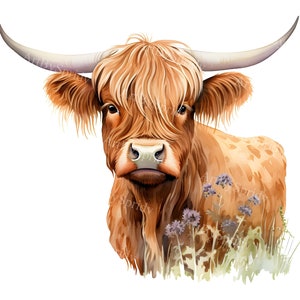 Hand Drawn Highland Cow PNG Clipart, Rustic Farmhouse Decor Clip Art, Watercolor Digital Download Scottish Cow for T-Shirt,DIY Craft Project