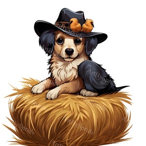 Dog in Cowboy Hat Sitting on Haystack with Birds PNG Clipart, Rustic Farm Animal Clip Art, Cute Puppy Digital for DIY Crafts & Invitations