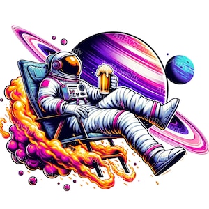 Astronauta relajándose en el espacio con cerveza - Ilustración de aventurero cósmico - Camiseta PNG digital imprimible por sublimación y diseño de manualidades DIY