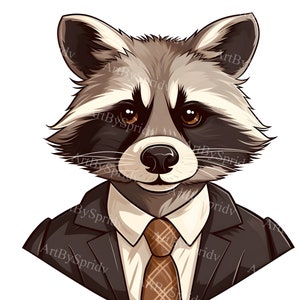 May include: A cartoon raccoon wearing a brown suit with a brown and orange patterned tie. The raccoon has a serious expression and is looking directly at the viewer.