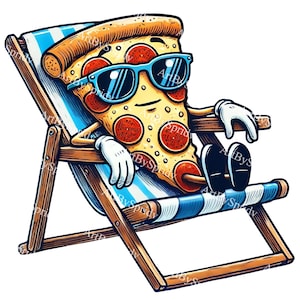Lustige Pizza Stück mit Sonnenbrille Lounging in Strandstuhl PNG Clipart, Sommer Essen Clip Art für T-Shirts, Sublimation, Party Einladung, Aufkleber