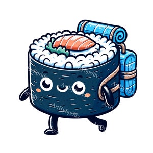Entzückende Sushi Rolle Charakter Clipart PNG | Süßer Kawaii Sushi Digitaler Download | Glückliche Sushi-Rollen-Illustration | Japanische Food-Kunst zum Basteln