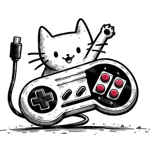 Clipart digital de gatinho gamer | Controlador de jogos retrô gato PNG | Design de sublimação imprimível para camisetas, canecas e copos | Ilustra??o de gatinho