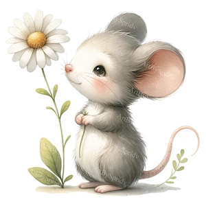 Cartoon muis met madeliefjebloem clipart - aquarel illustratie png, t-shirt, mok, bekerontwerp, scrapbooking en sublimatie illustraties