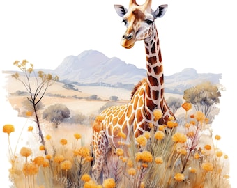 4 piezas Jirafa en paisaje de sabana PNG Clipart Set-Flores silvestres, Safari africano, Descarga digital, Arte de acuarela, Ilustración de la naturaleza, Imprimible