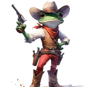 Western Cowboy Frog Clipart, Watercolor Sheriff Frog with Revolver PNG, Printable Sublimation Design for T-Shirts & Crafts, Instant Download